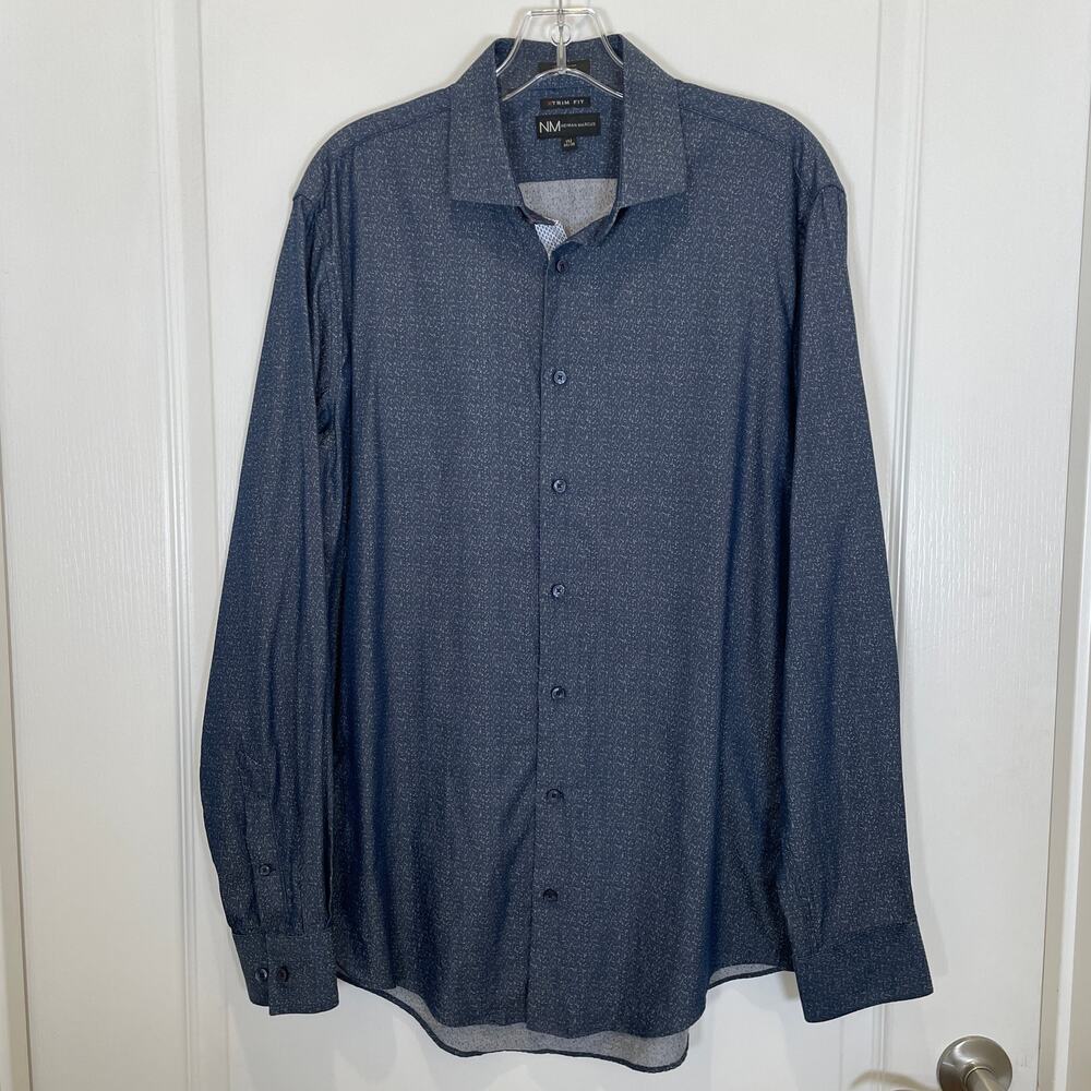Neiman Marcus Long Sleeve Dress Shirt 100% Cotton Blue Fleck Print 15.5 34/35‎